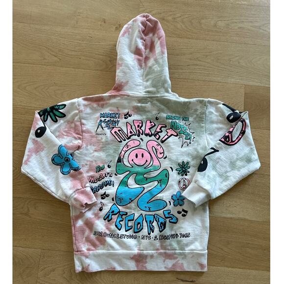 Market - Smiley Records Angel Sigh Tie Dye Hoodie in Off White Blue & Pink - Picture 3 of 3